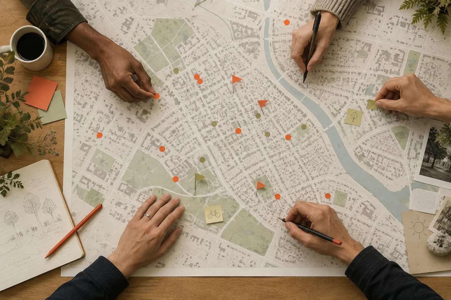 Neighbors marking a shared paper map with colored dots and notes.