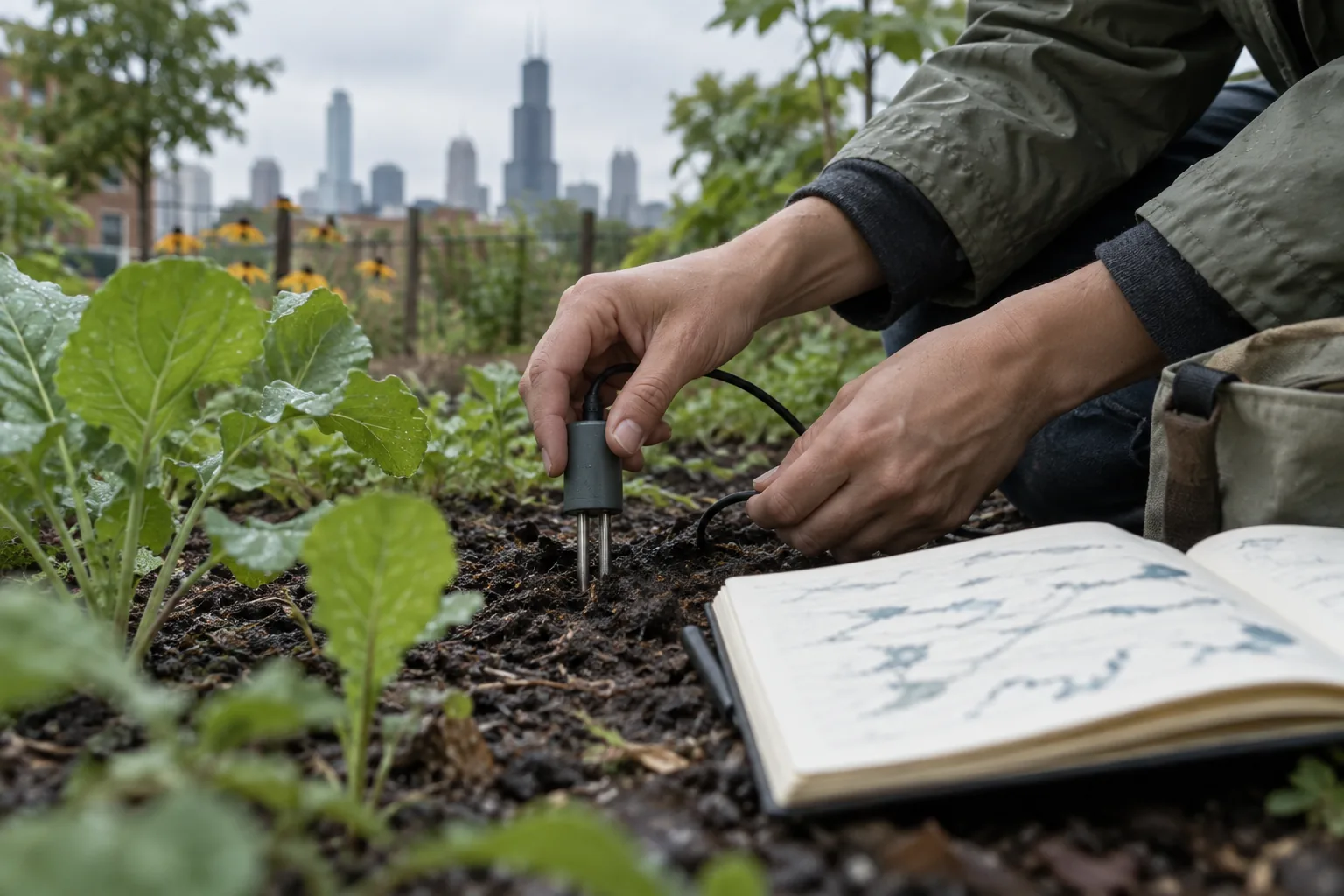 Researcher testing a soil sensor in a rain-wet Chicago community garden.