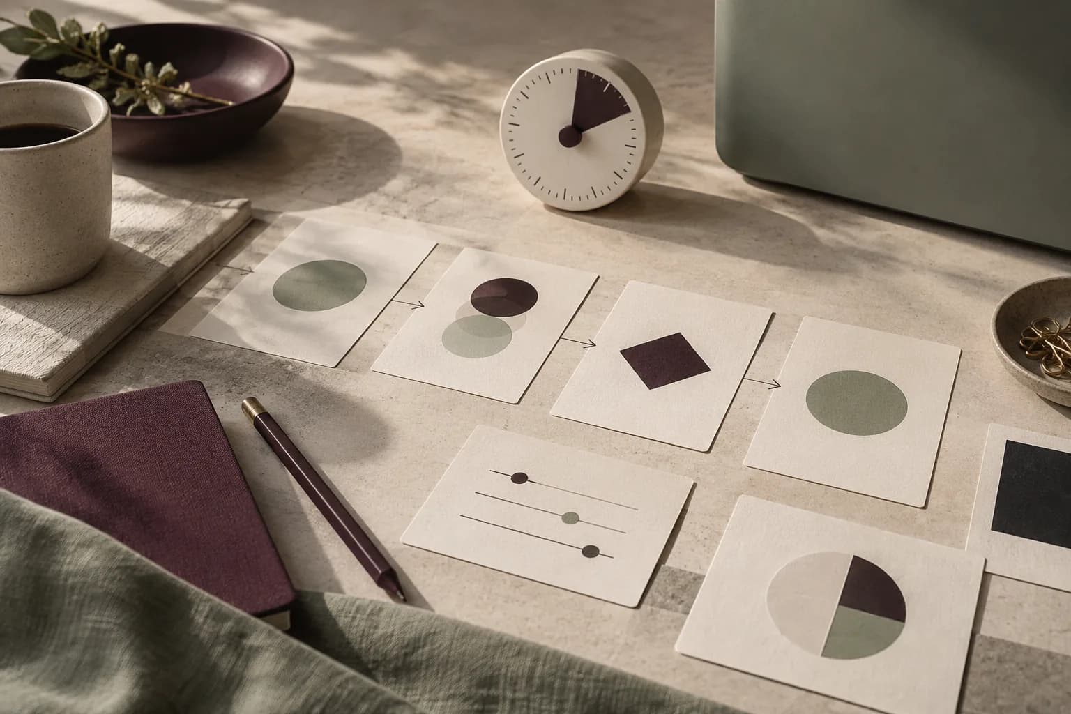 A calm studio table with paper workflow cards, a timer, and a pencil.
